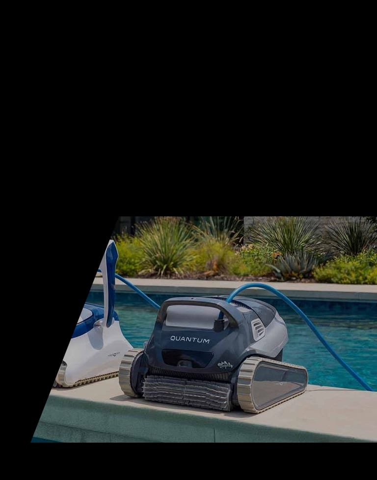 Dolphin Sigma and Dolphin Quantum robotic pool cleaners lined up on a pool deck